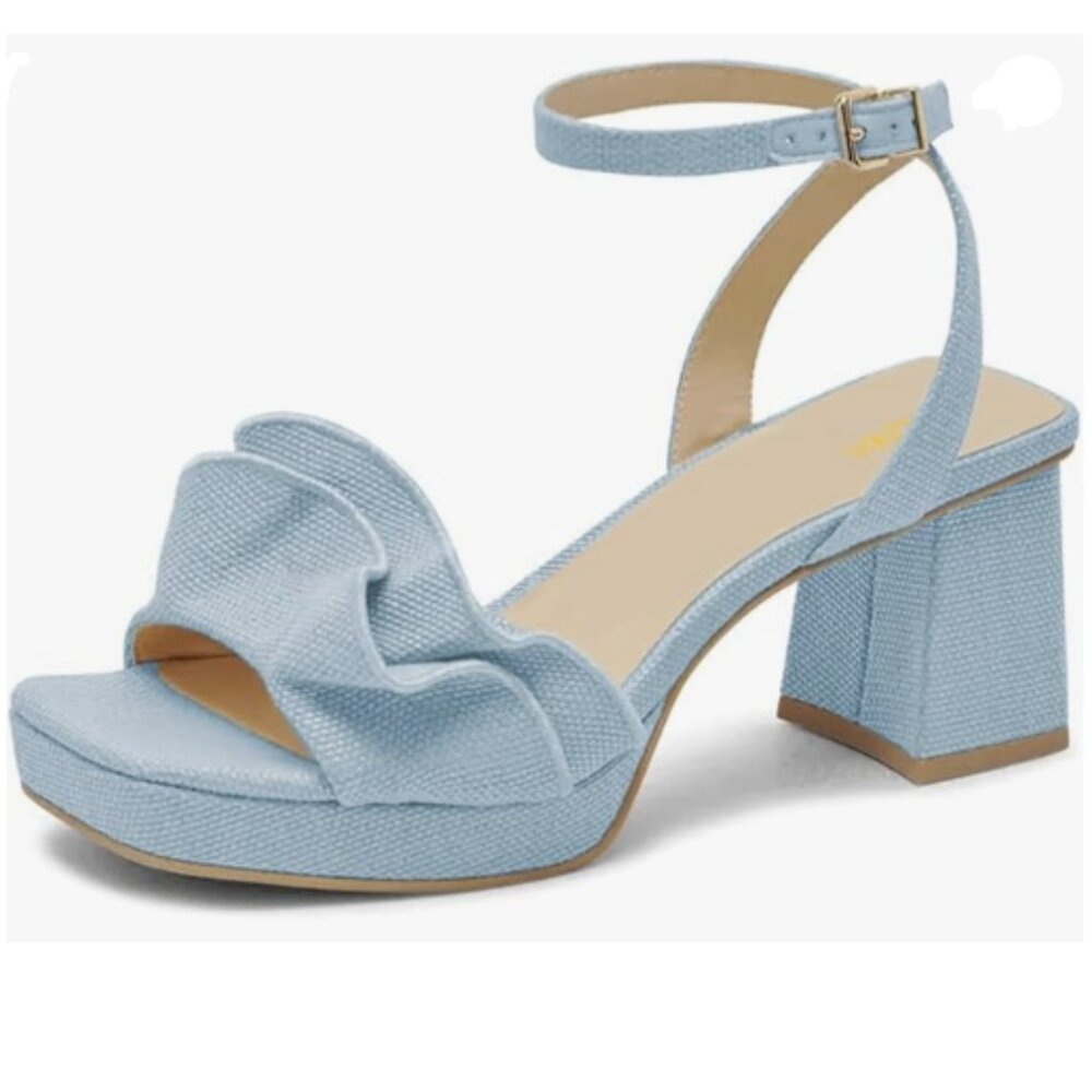 Pazzion Women Platform Square Toe Pleated Ruffle Sandals Chunky High Heels Blue